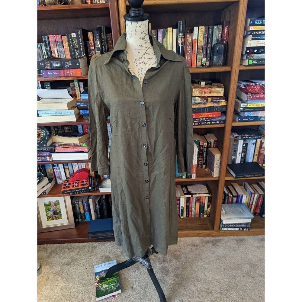 LIBELULA mixed fibers olive green shirt dress sz 42 euc